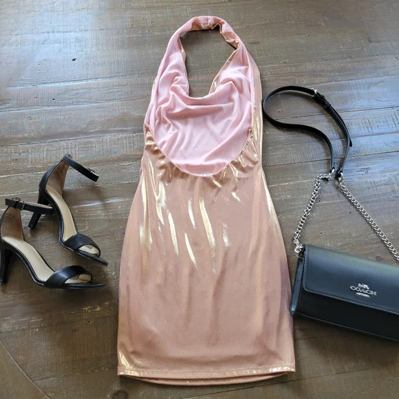 12th Tribe Halter Mini Dress Rose Gold Matalic Pink Cowl Neck Size Small - Picture 11 of 13